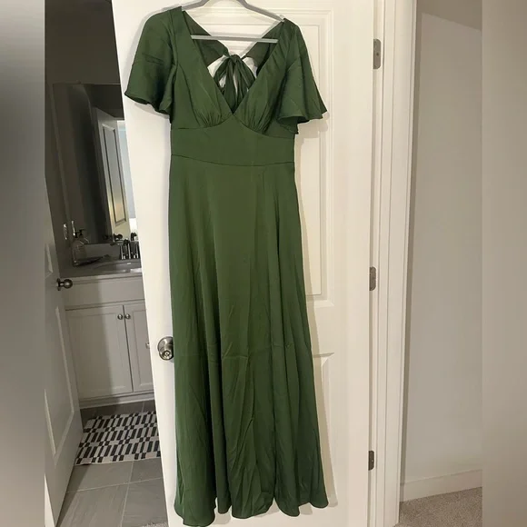 AZAZIE KIMBER Olive A-Line Ruched Stretch Satin Dress - Picture 7 of 10